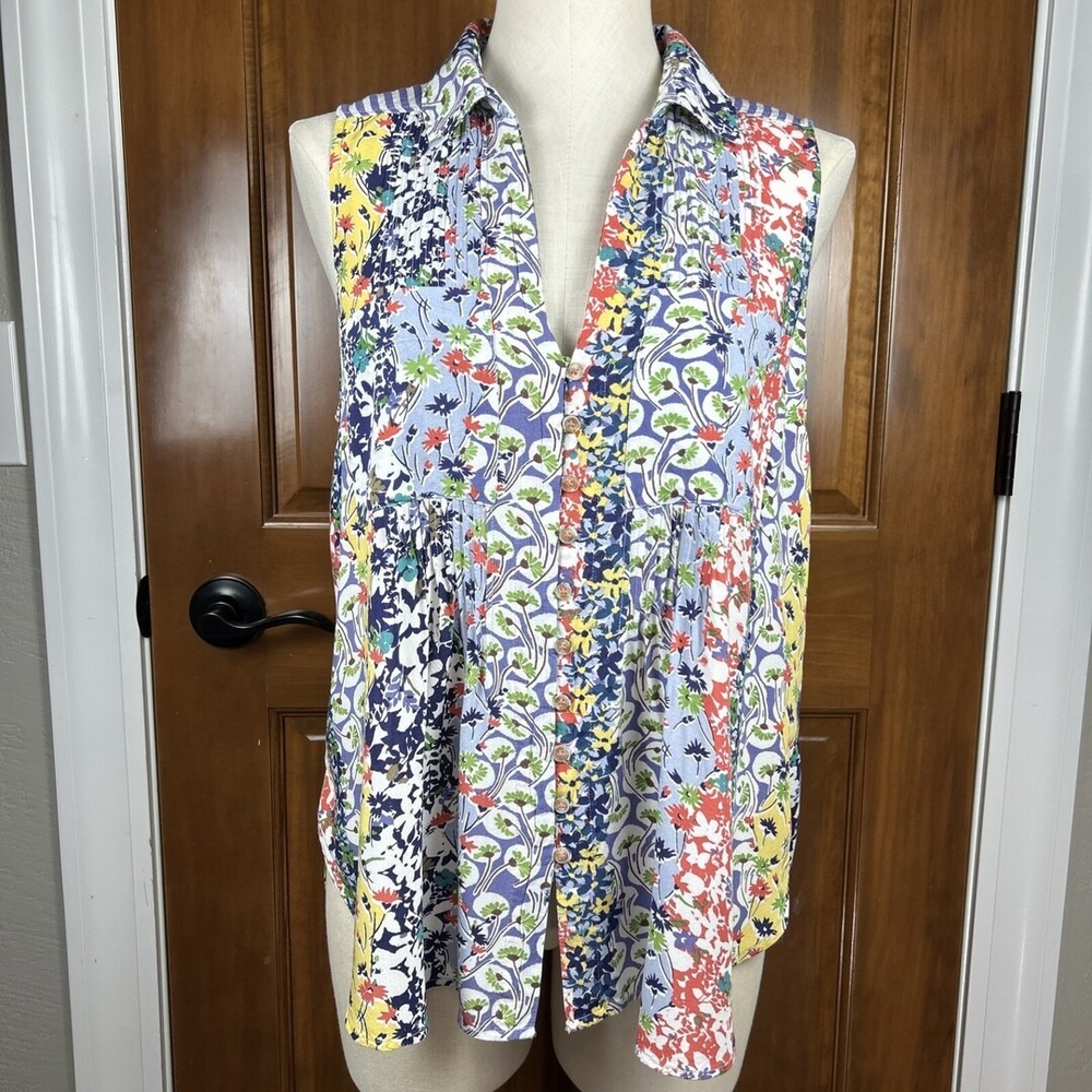 MAEVE Anthropologie Whimsical Pintucked Sleeveless Blouse Floral Striped Top M